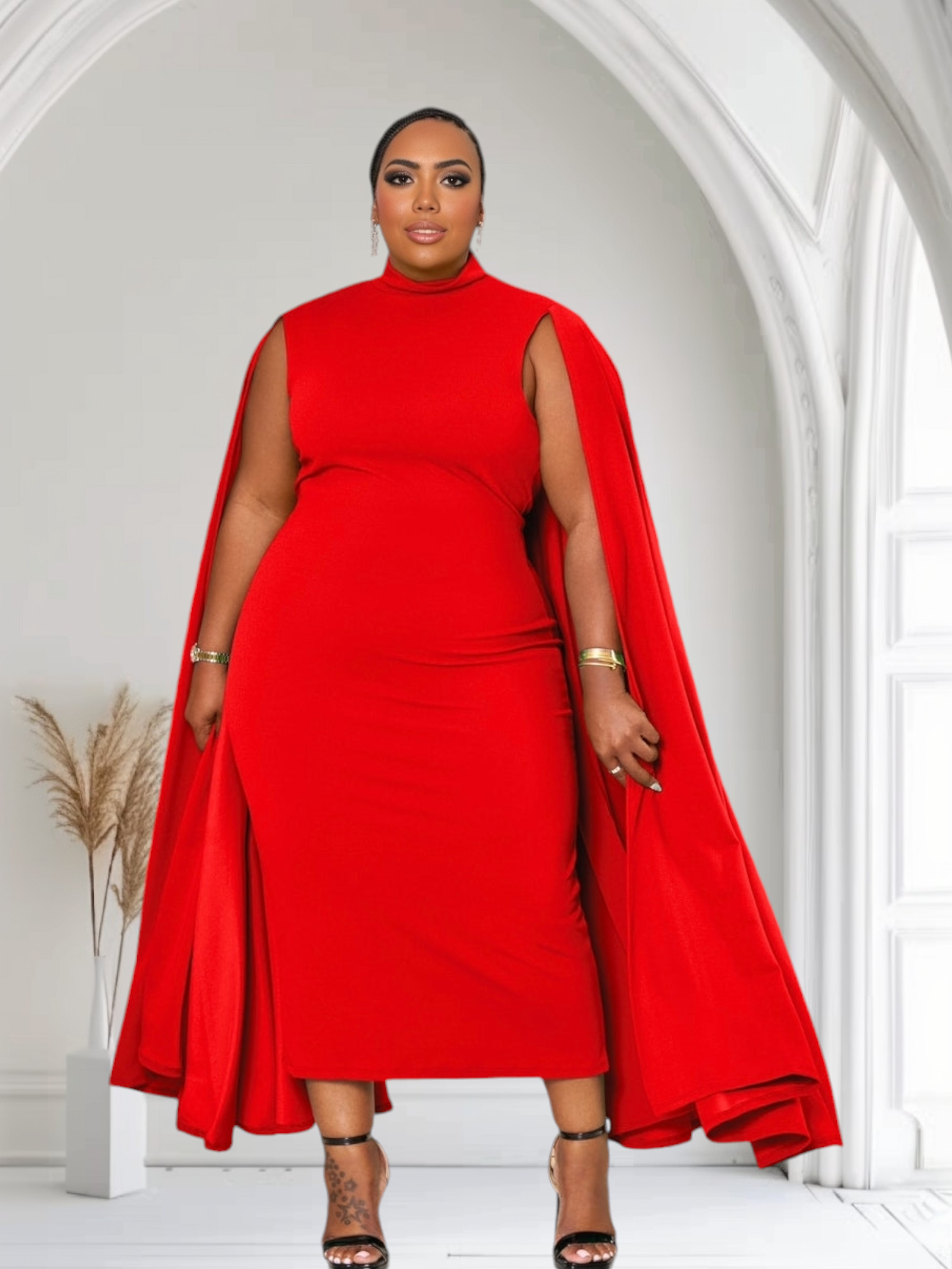 The Stella Cape Plus Size Midi Dress - Red Fasheabe The Stella Cape Plus Size Midi Dress - Red Fasheabe