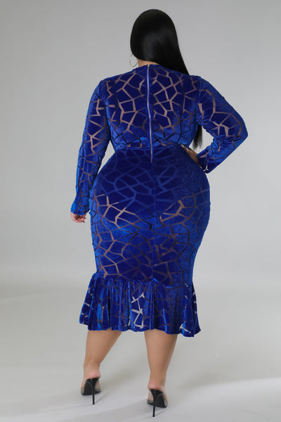 Fasheabe Plus Size Long Sleeve V-Neck Semi Stretch Dress - Blue