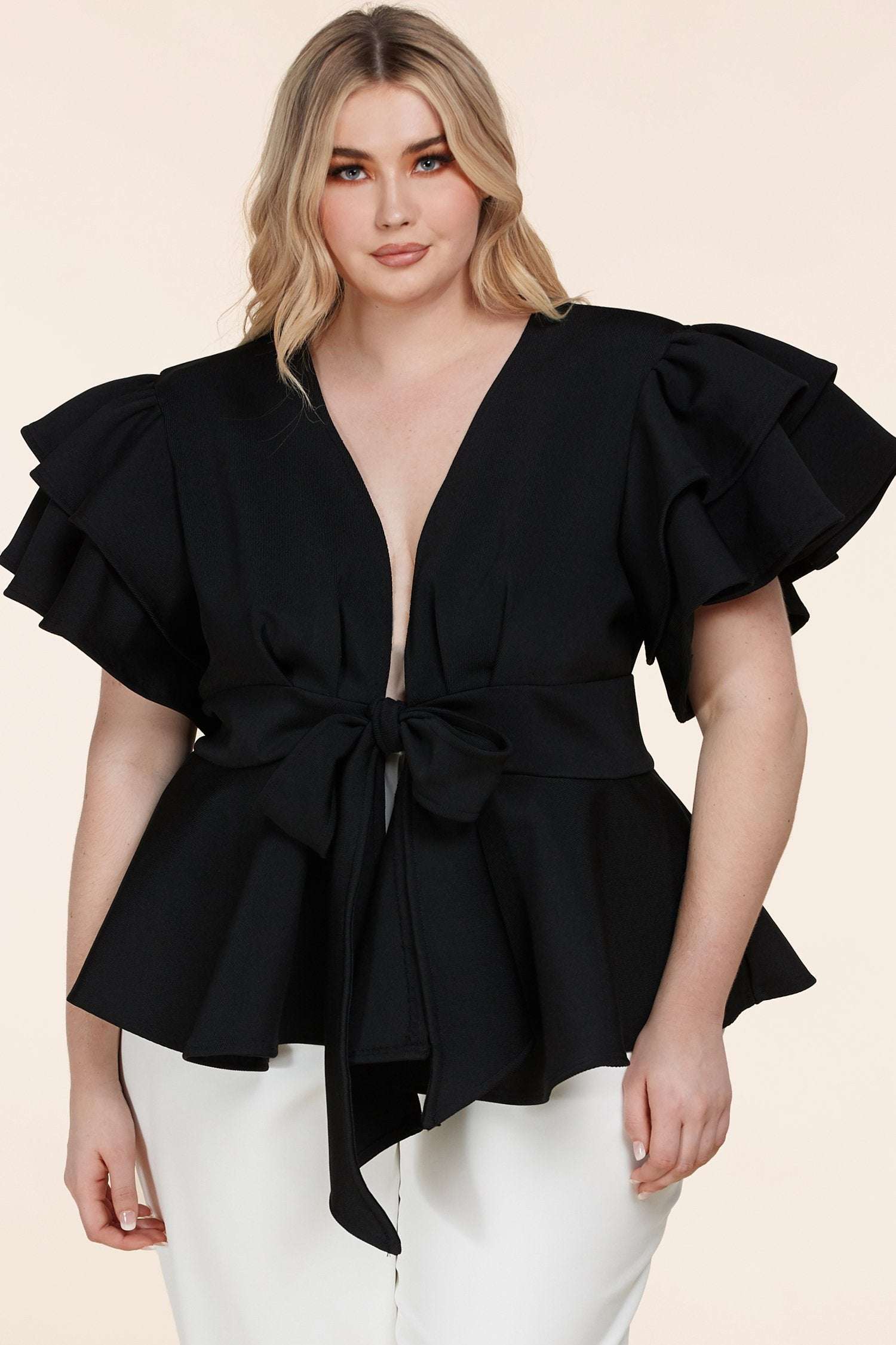 Plus size black ruffle top online