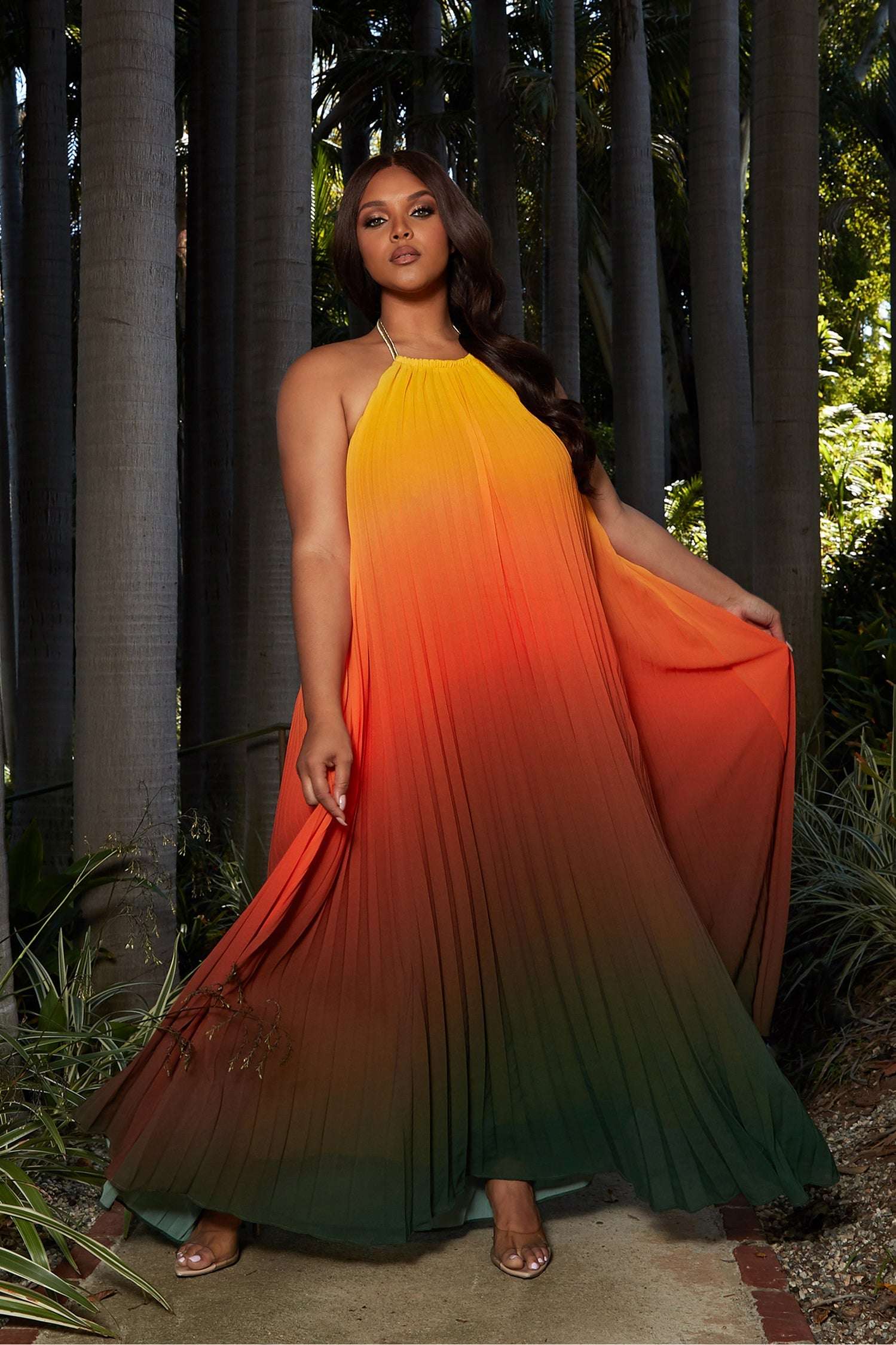 Fasheabe Sunset Ombre Multi Color Halter Maxi Dress - Plus Size Fasheabe Sunset Ombre Multi Color Halter Maxi Dress - Plus Size