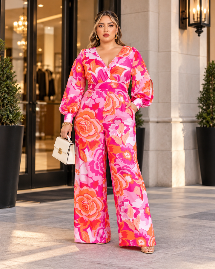 Plus Size Floral Print Jumpsuit with Long Bishop Split Sleeves - Pink