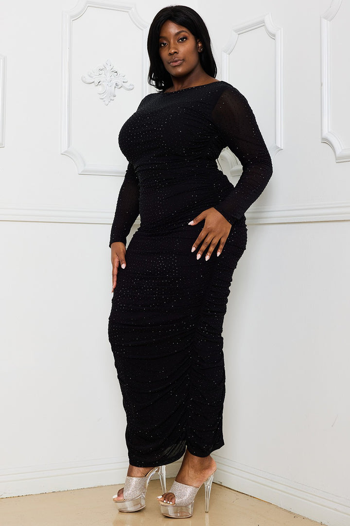 Rhinestone Mesh Pleated Plus Size Maxi Dress - Black