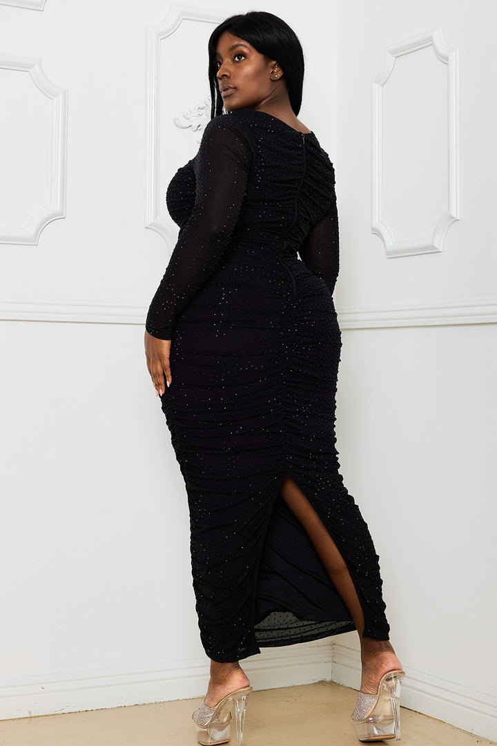 Rhinestone Mesh Pleated Plus Size Maxi Dress - Black