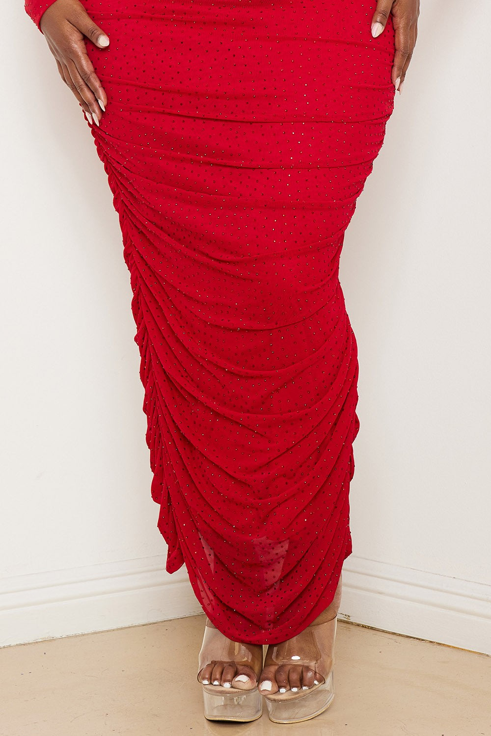 Rhinestone Mesh Pleated Plus Size Maxi Dress - Red