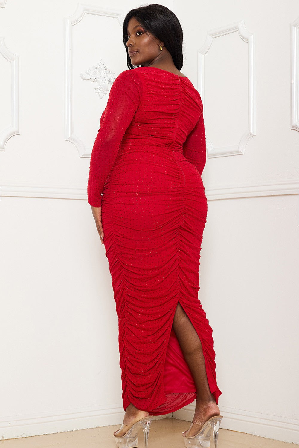 Rhinestone Mesh Pleated Plus Size Maxi Dress - Red