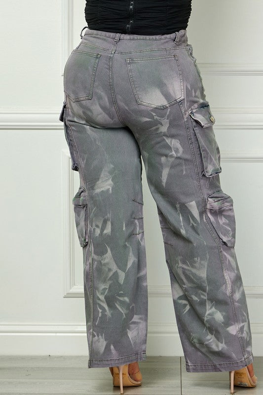 Time to Shine Grey Acid Wash High Waisted Cargo Plus Size
