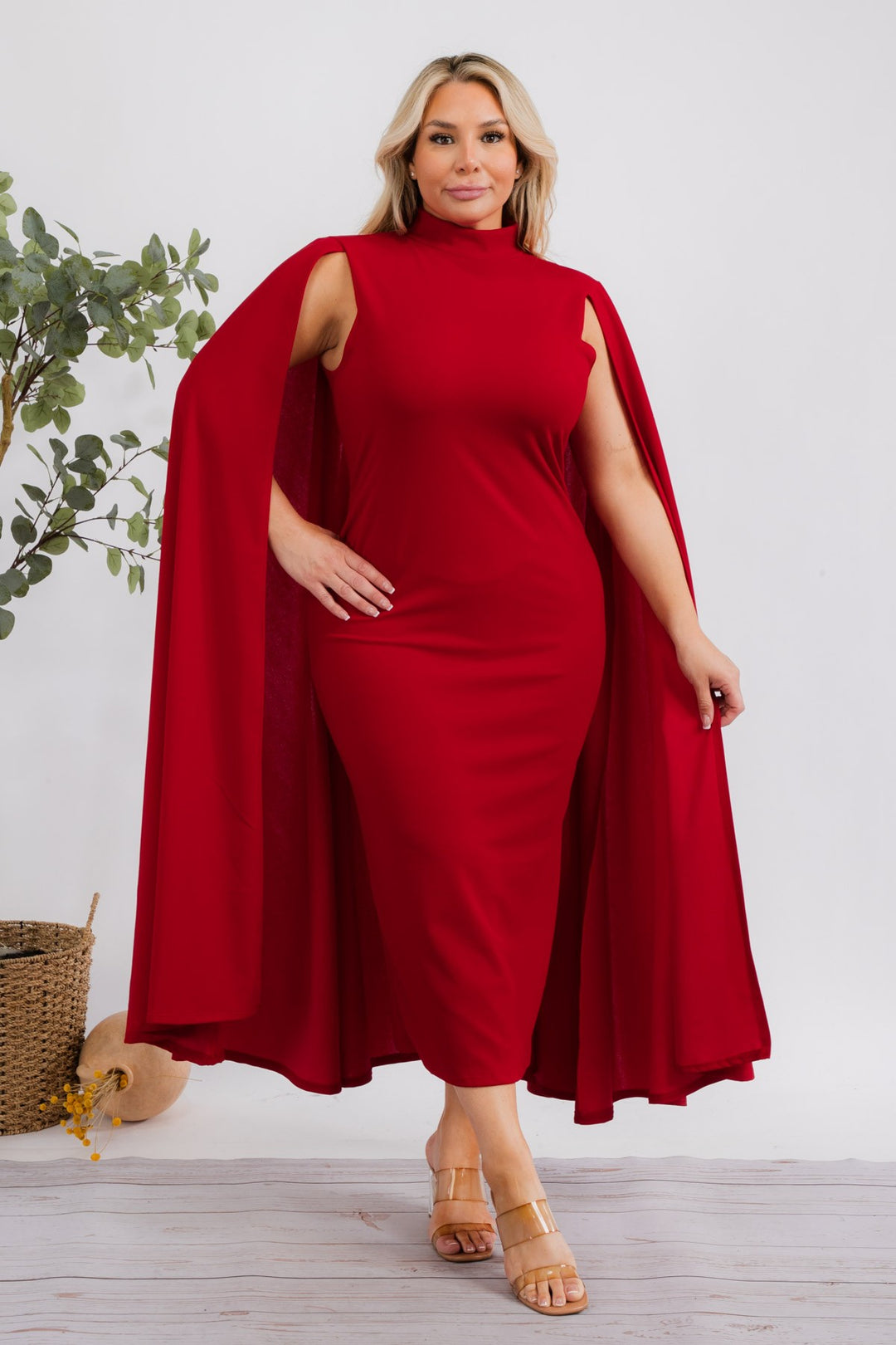 The Stella Cape Plus Size Midi Dress - Red Fasheabe The Stella Cape Plus Size Midi Dress - Red Fasheabe