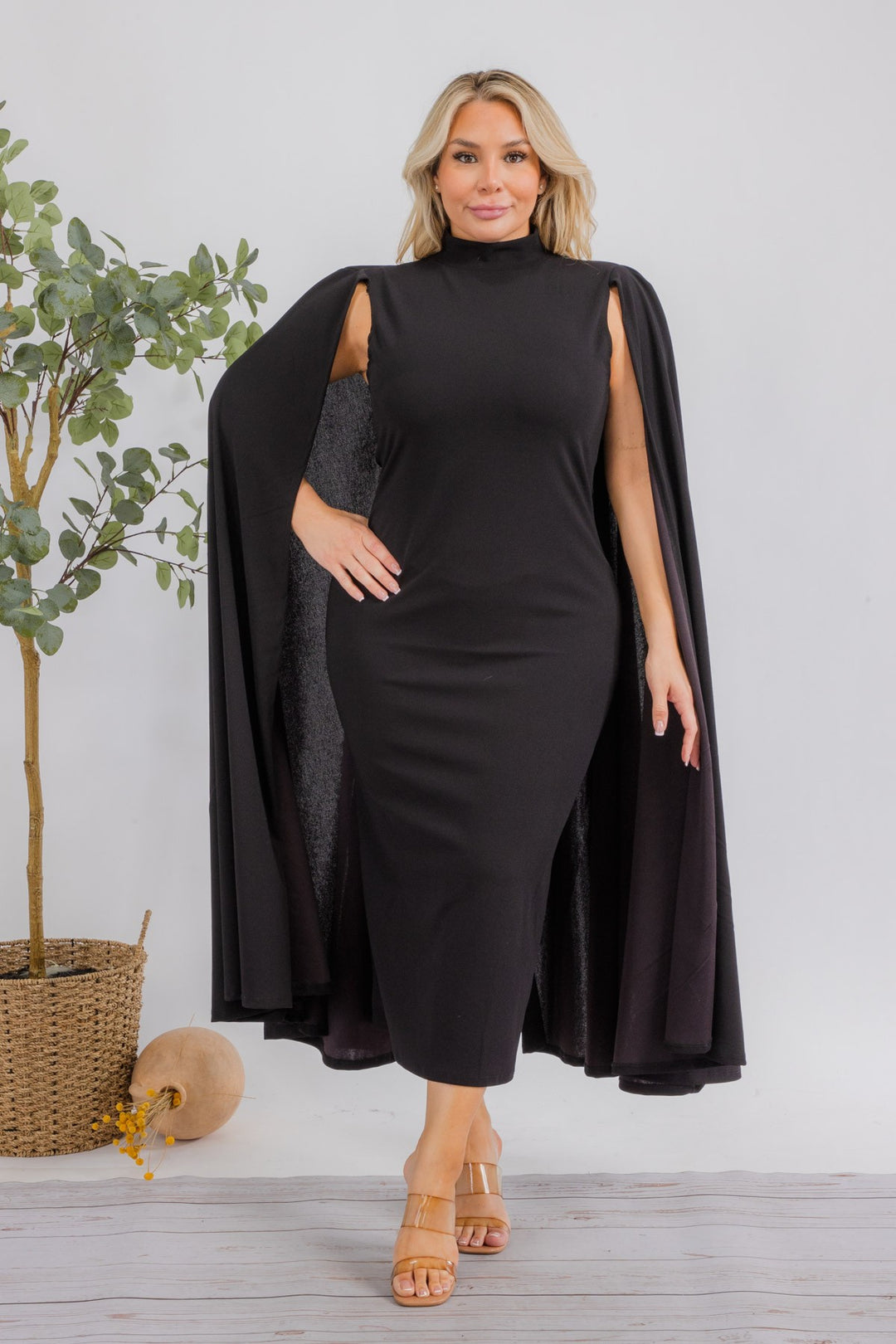 black cape dress plus size Mac Duggal Plus Embellished Cape Velvet Gown