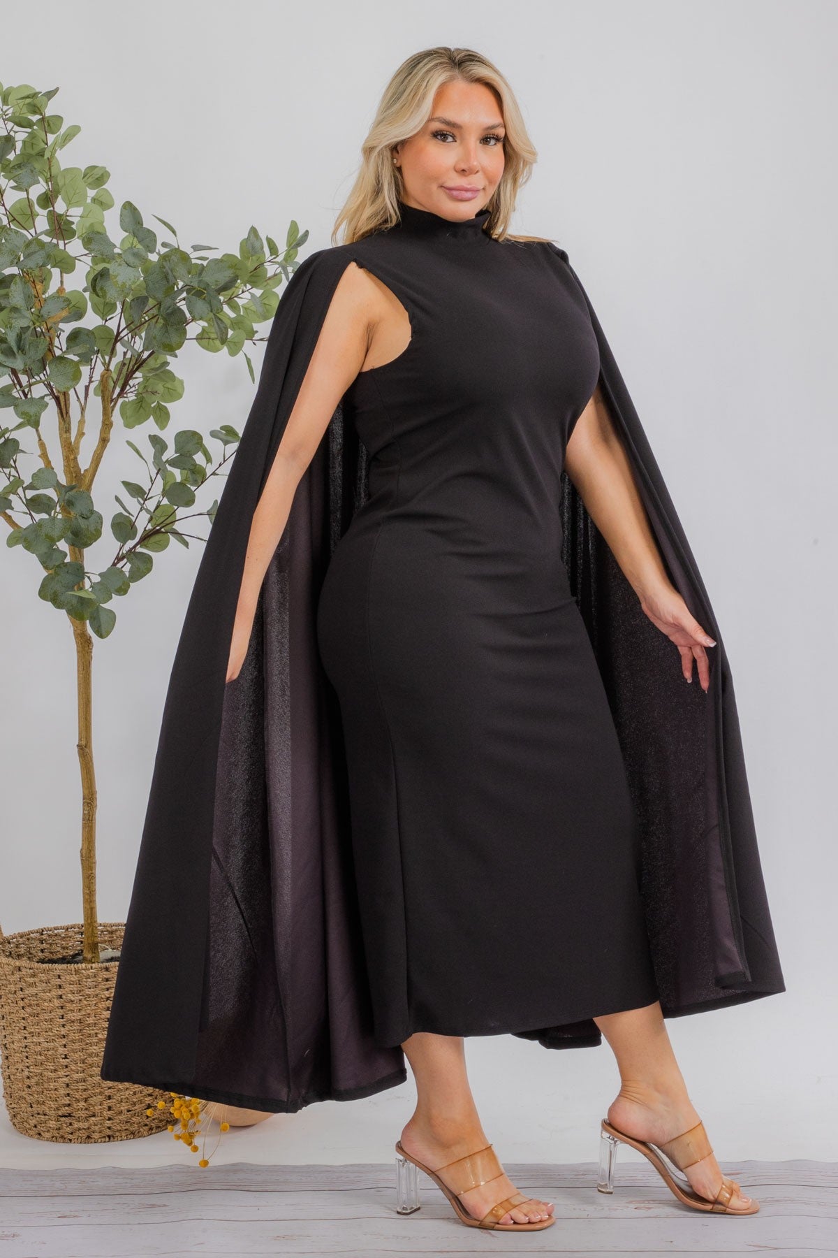 The Stella Cape Plus Size Midi Dress - Black