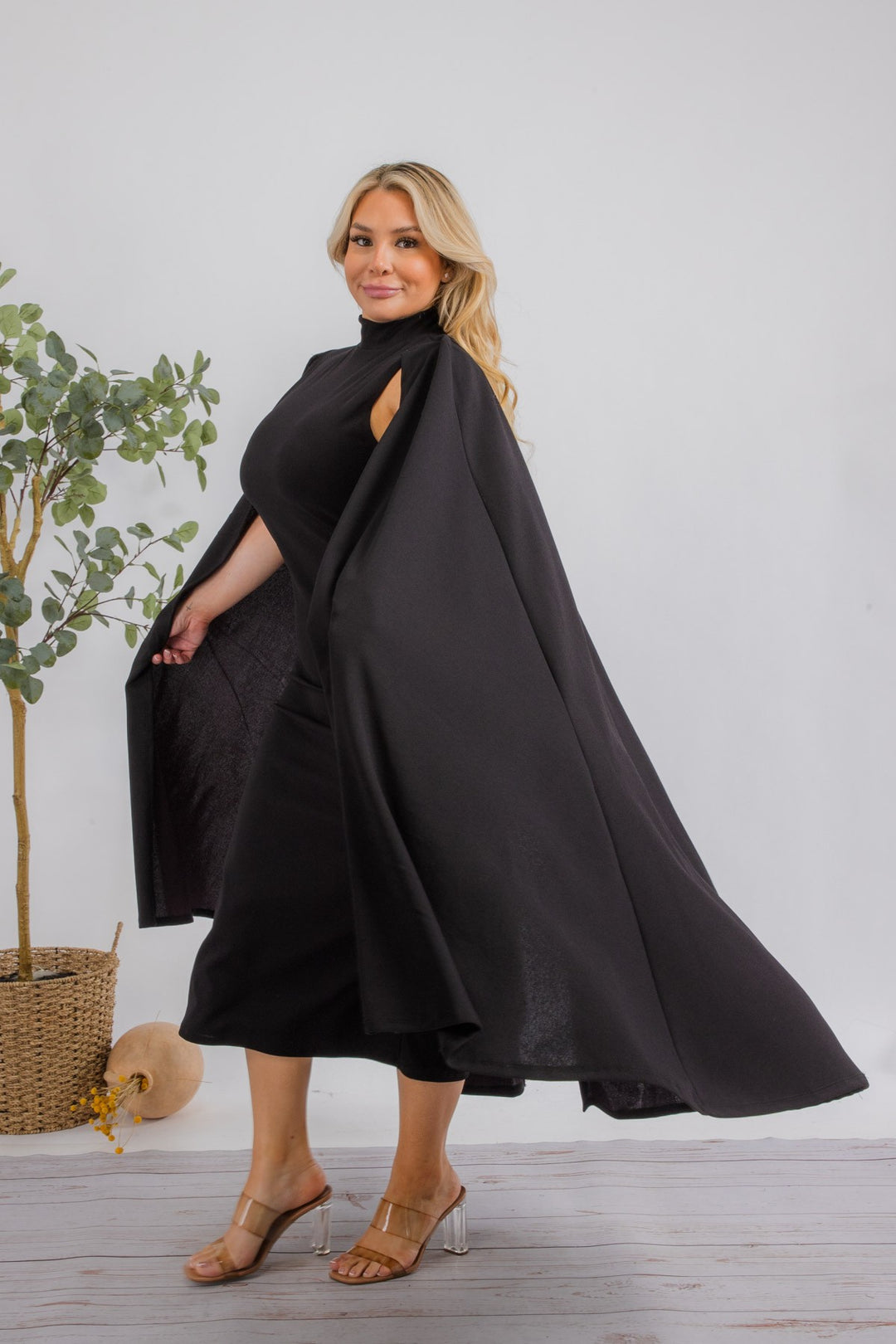 The Stella Cape Plus Size Midi Dress - Black Fasheabe The Stella Cape Plus Size Midi Dress - Black Fasheabe