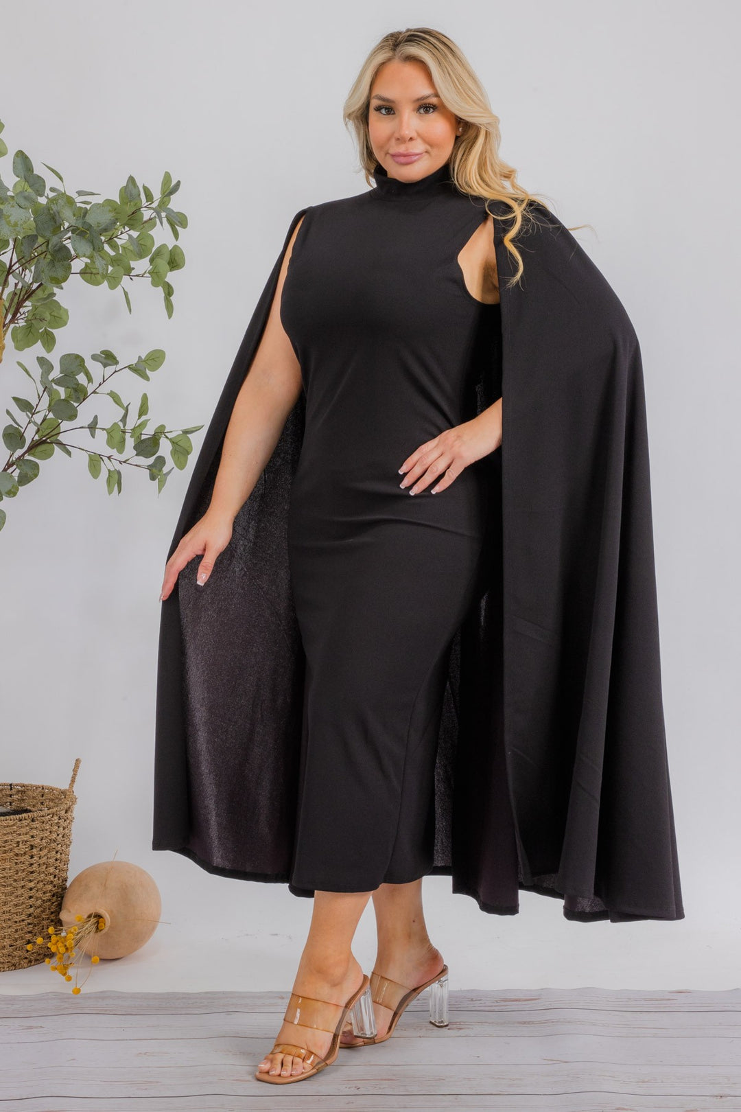 The Stella Cape Plus Size Midi Dress - Black