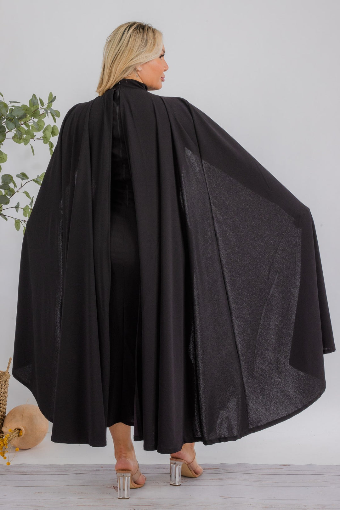 The Stella Cape Plus Size Midi Dress - Black Fasheabe The Stella Cape Plus Size Midi Dress - Black Fasheabe