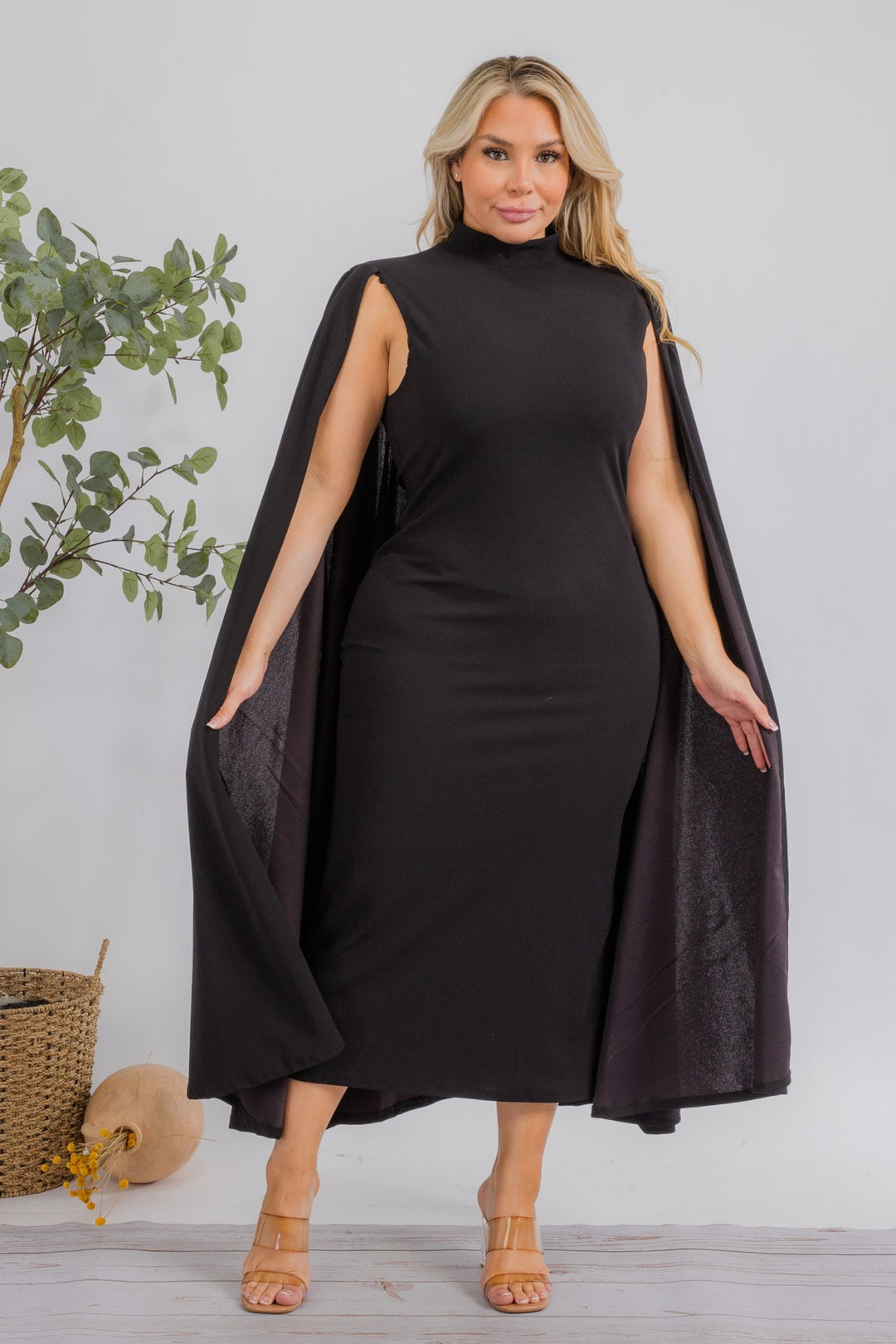 The Stella Cape Plus Size Midi Dress - Black Fasheabe The Stella Cape Plus Size Midi Dress - Black Fasheabe