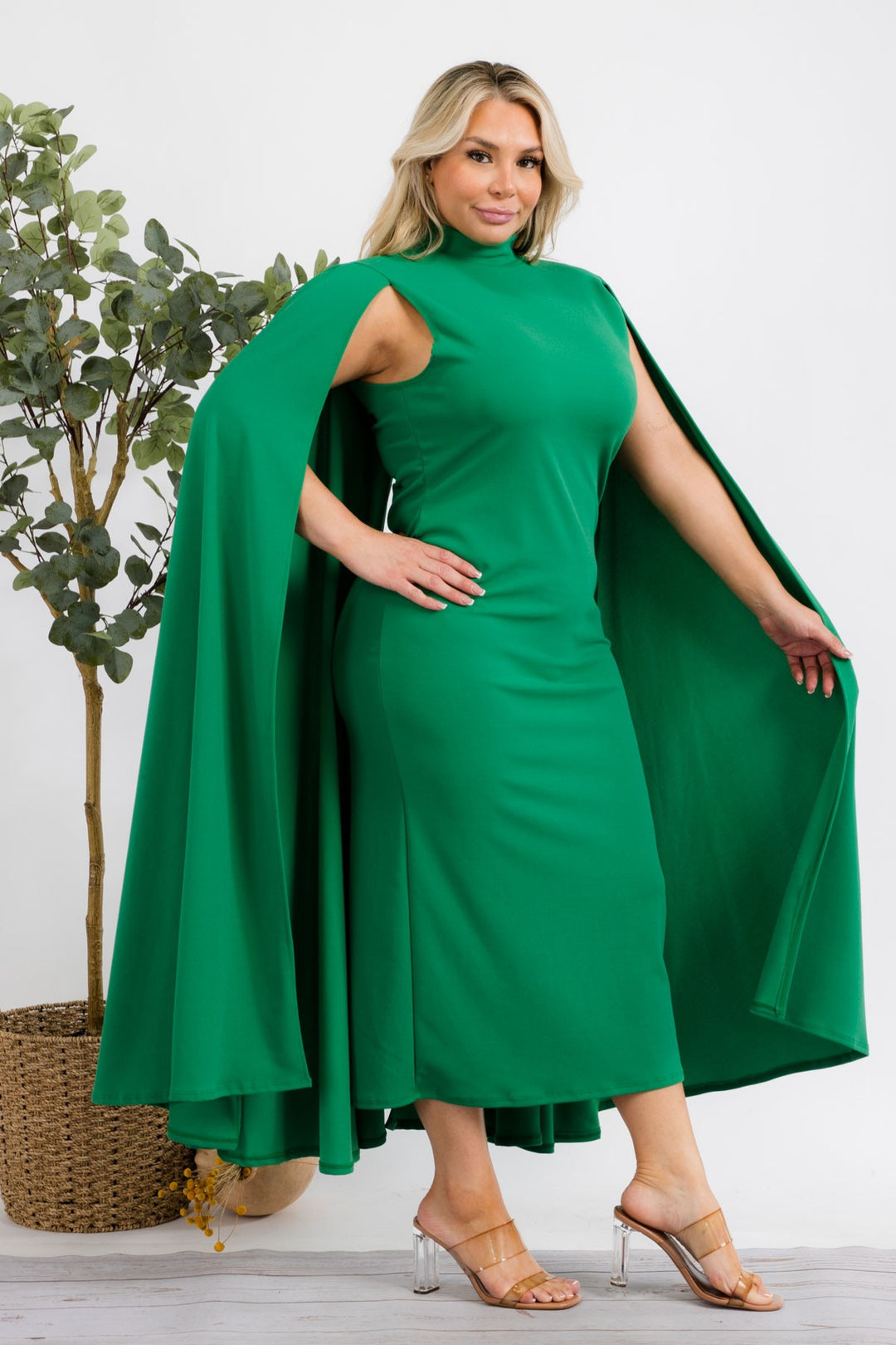 The Stella Cape Plus Size Midi Dress - Green Fasheabe The Stella Cape Plus Size Midi Dress - Green Fasheabe