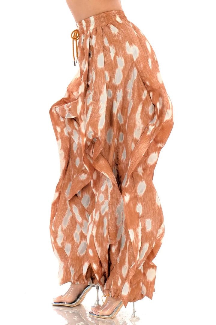 Plus Size Terracotta Abstract Print Oversized Wide-Leg Balloon Pants with Pockets