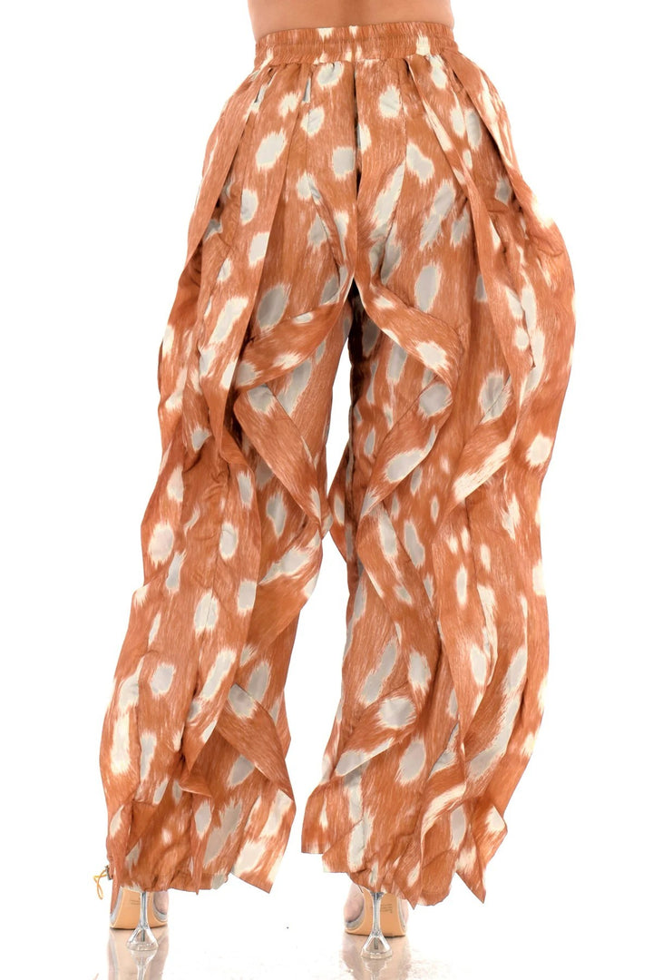Plus Size Terracotta Abstract Print Oversized Wide-Leg Balloon Pants with Pockets