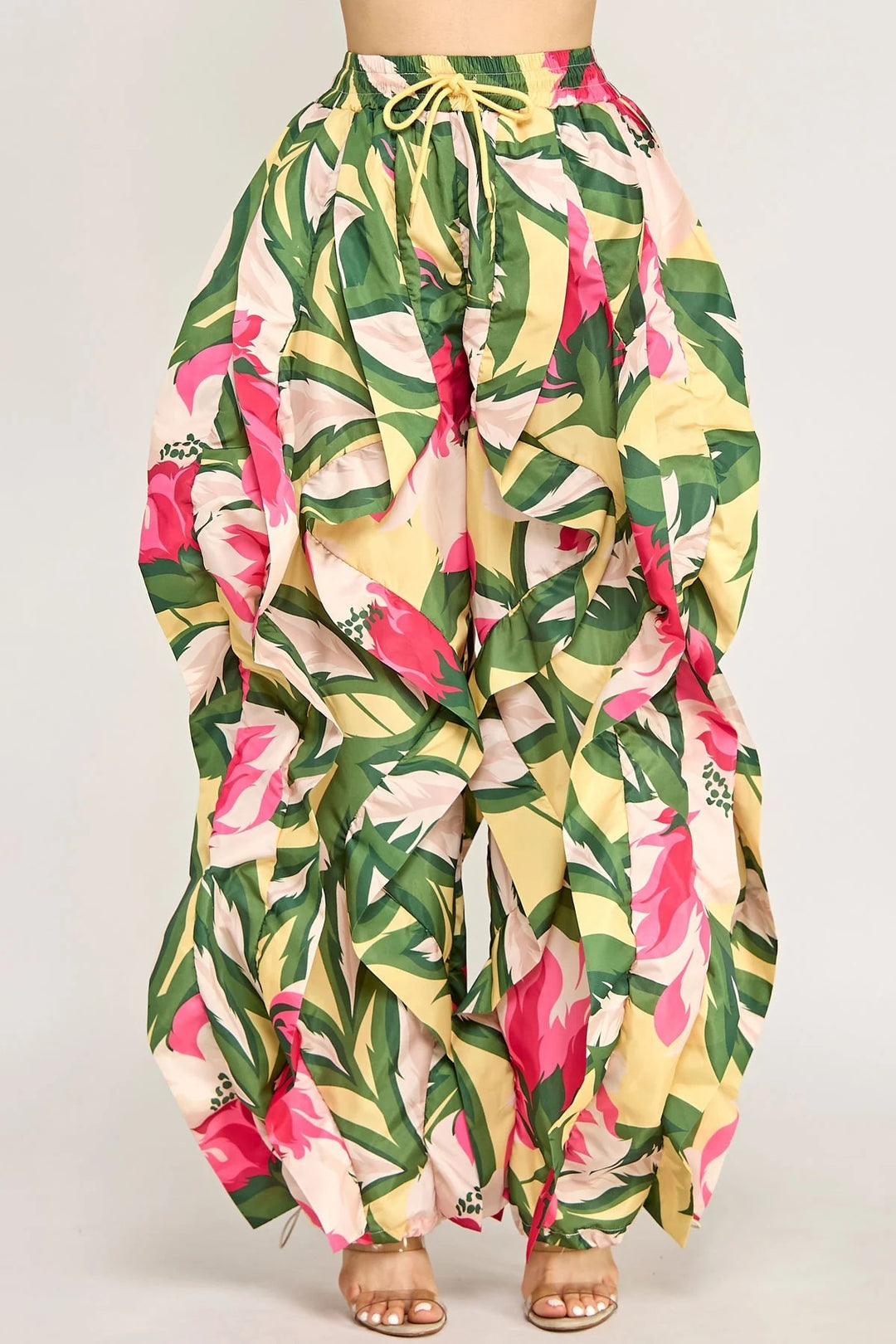 Plus Size Tropical Print Oversized Wide-Leg Balloon Pants with Pockets