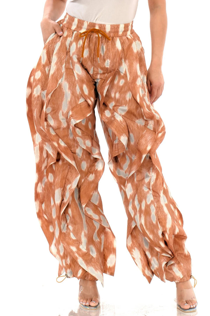 Plus Size Terracotta Abstract Print Oversized Wide-Leg Balloon Pants with Pockets