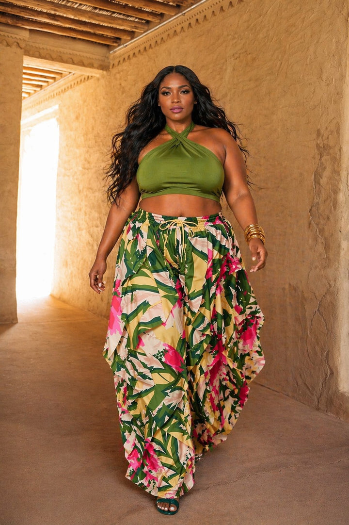 Plus Size Tropical Print Oversized Wide-Leg Balloon Pants with Pockets