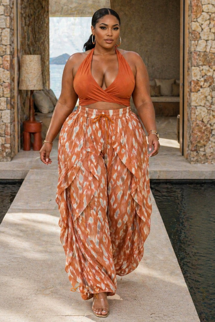 Plus Size Terracotta Abstract Print Oversized Wide-Leg Balloon Pants with Pockets