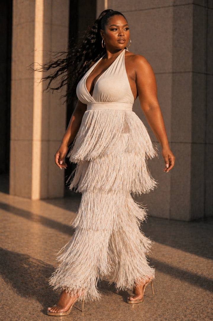 Plus Size Ivory Fringe Halter Jumpsuit with Open Back
