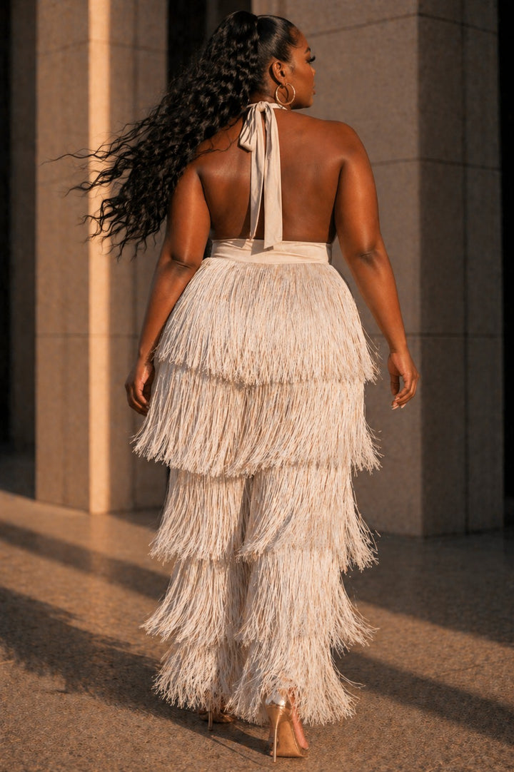 Plus Size Ivory Fringe Halter Jumpsuit with Open Back