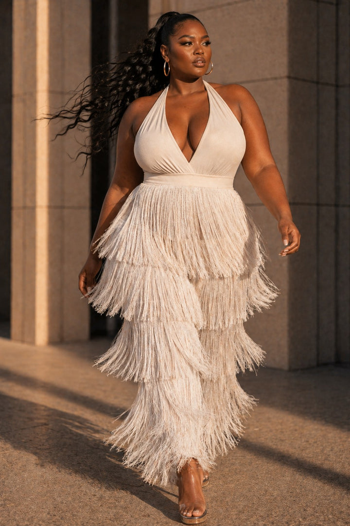 Plus Size Ivory Fringe Halter Jumpsuit with Open Back