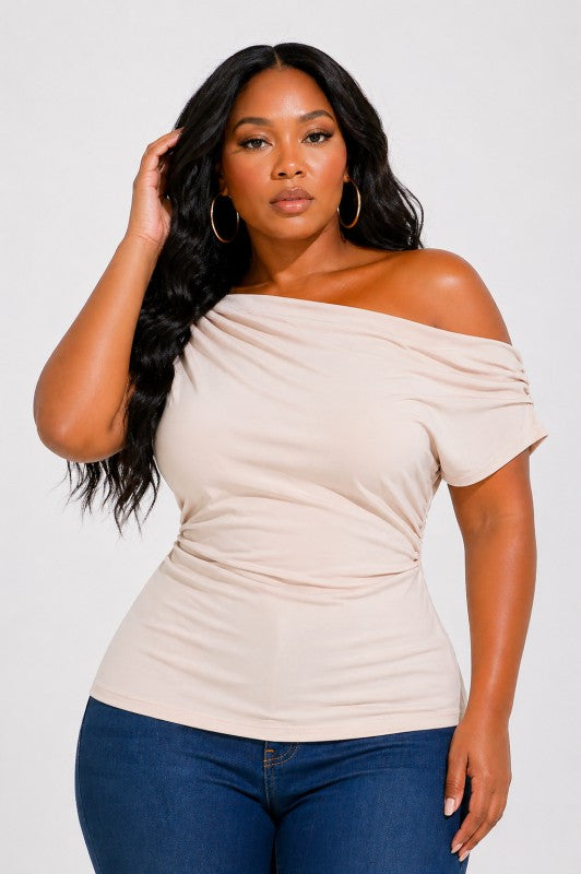 Plus Size Off-the-Shoulder Draped Neck Top – Ivory