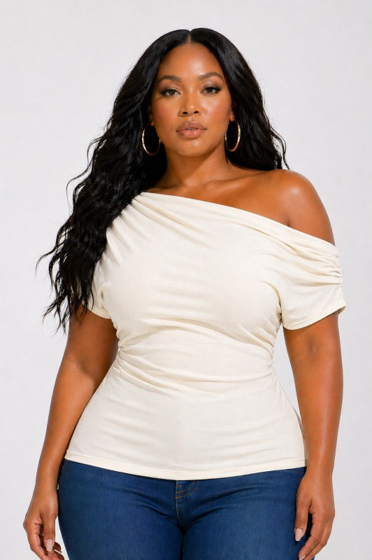 Plus Size Off-the-Shoulder Draped Neck Top – Ivory