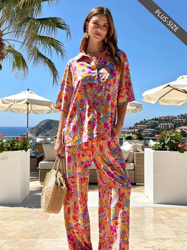 Plus Size Tropical Print 2-Piece Resort Pant Set