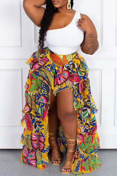 Blissful Views Printed Ruffled High Low Skirt - Plus Size