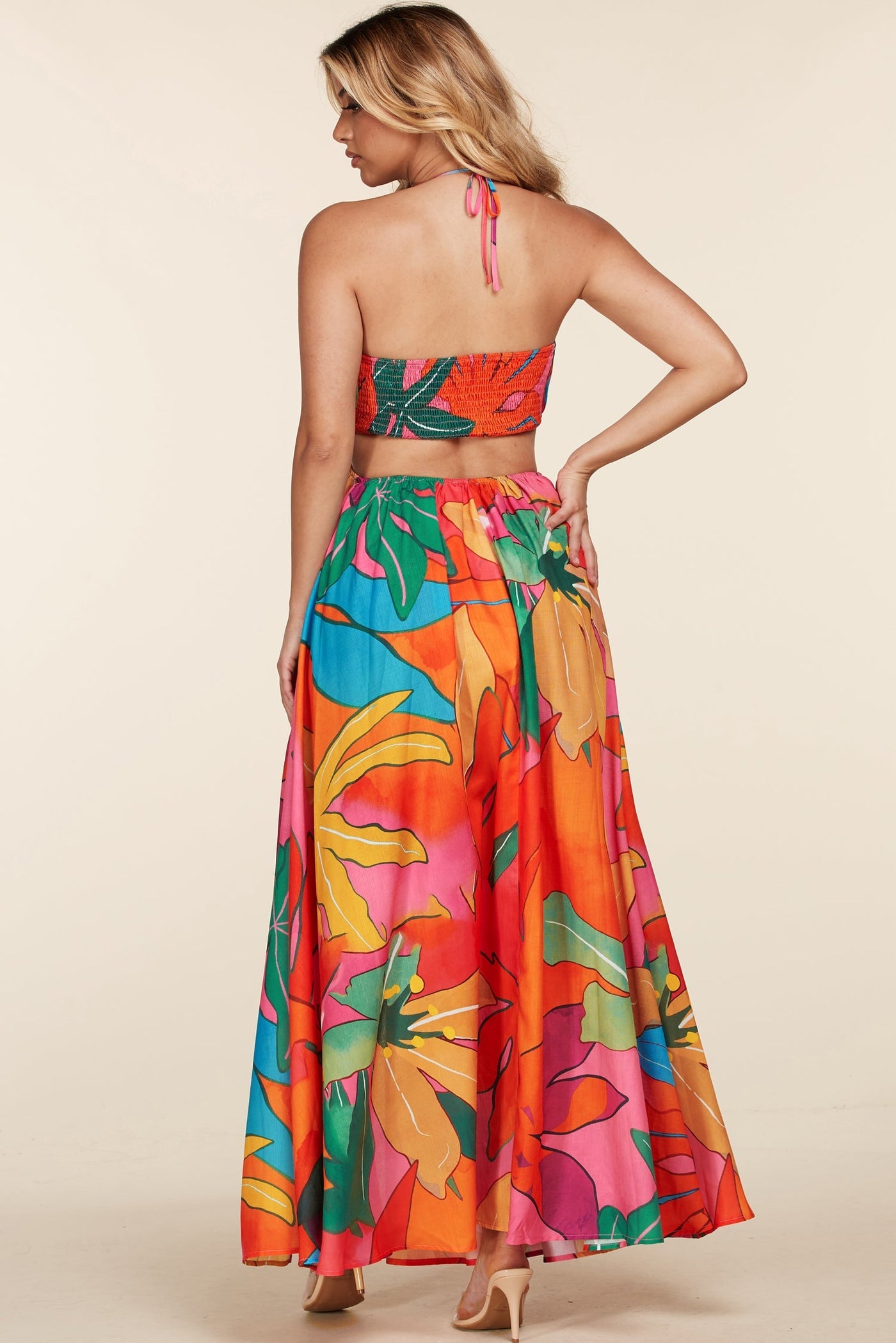 The Mara Tropical Print Halter Neck Maxi Dress