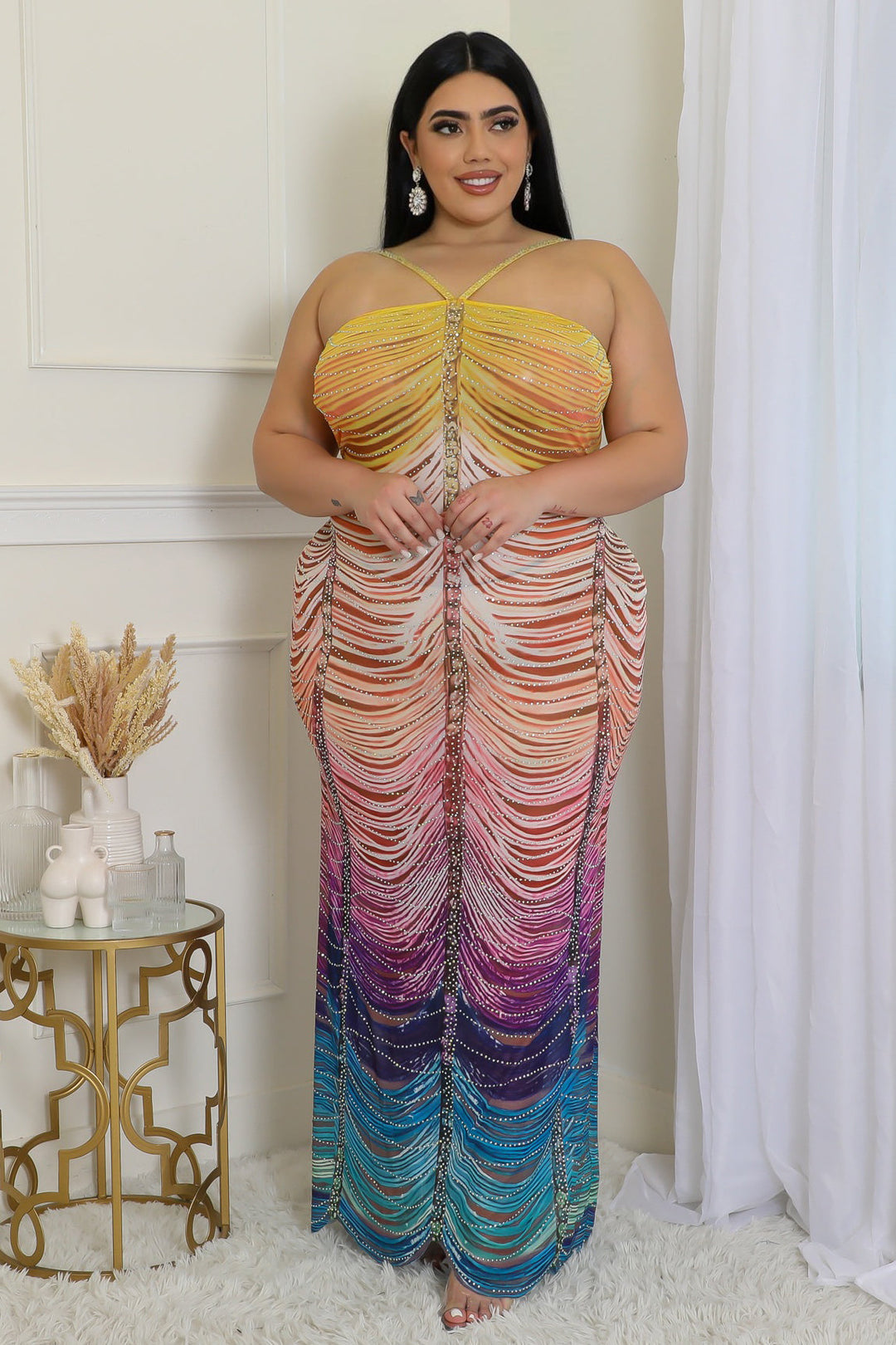 multi coloured mesh dress Plus Size Backless Ruched Halter Mesh Cowl Neck, Clara Tie Dye Dresses Maxi Dress in Multi Color, Size 2X, For Vacation