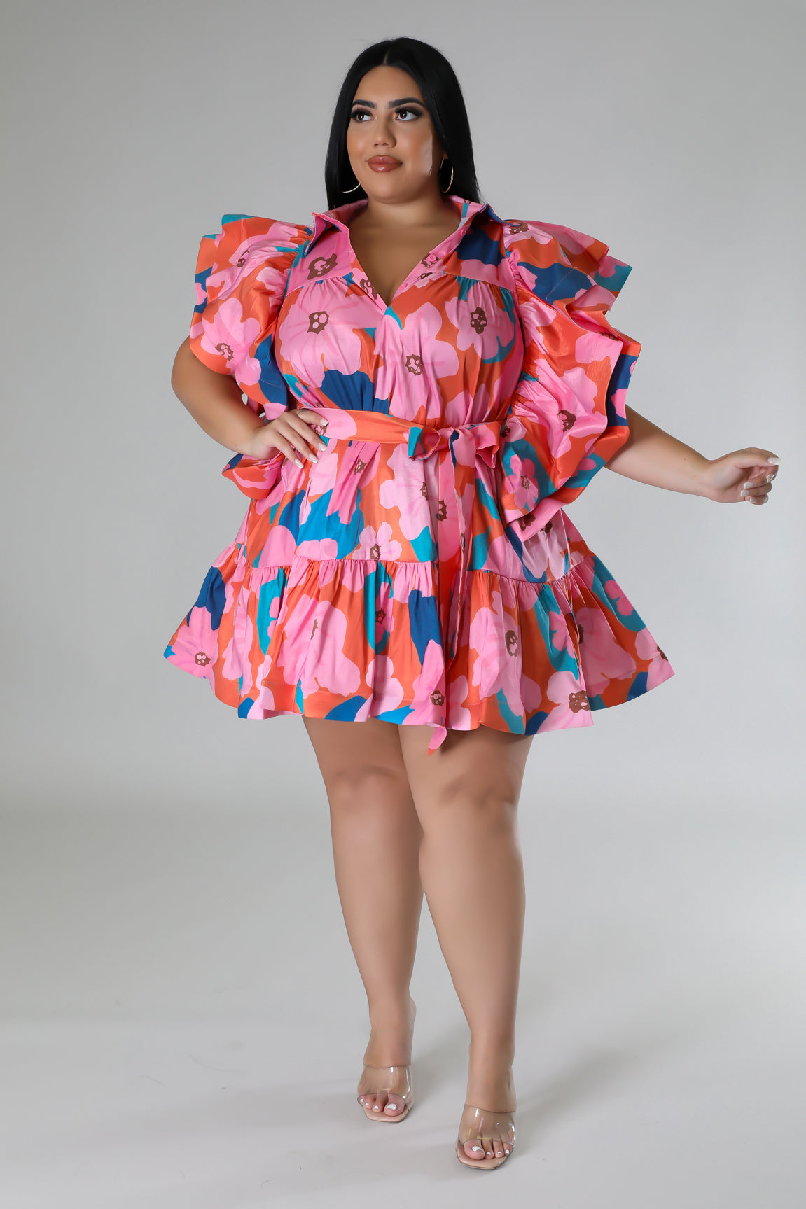 Emrata Multi Print Ruffle Sleeve Dress - Plus Size