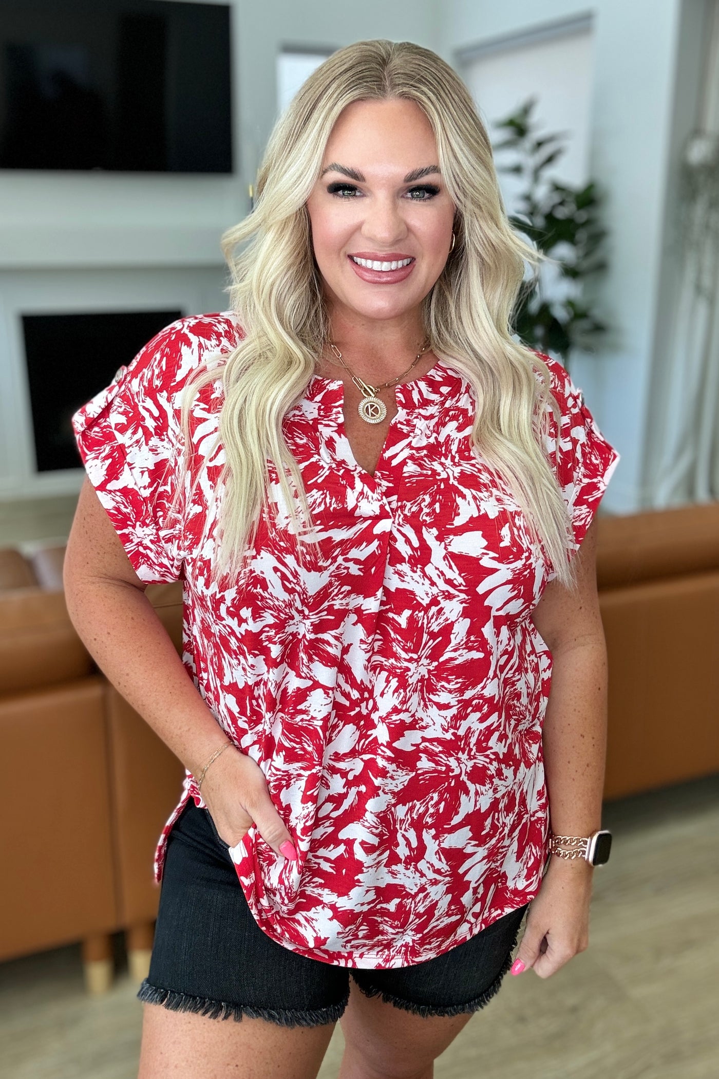Lizzy Cap Sleeve Top in Red Floral - Small - 3XL