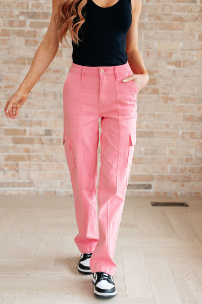 Peggy High Rise Cargo Straight Jeans in Pink - Regular and Plus Size