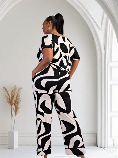 Lori Print Black and White Matching Plus Size Pants Set With Pockets