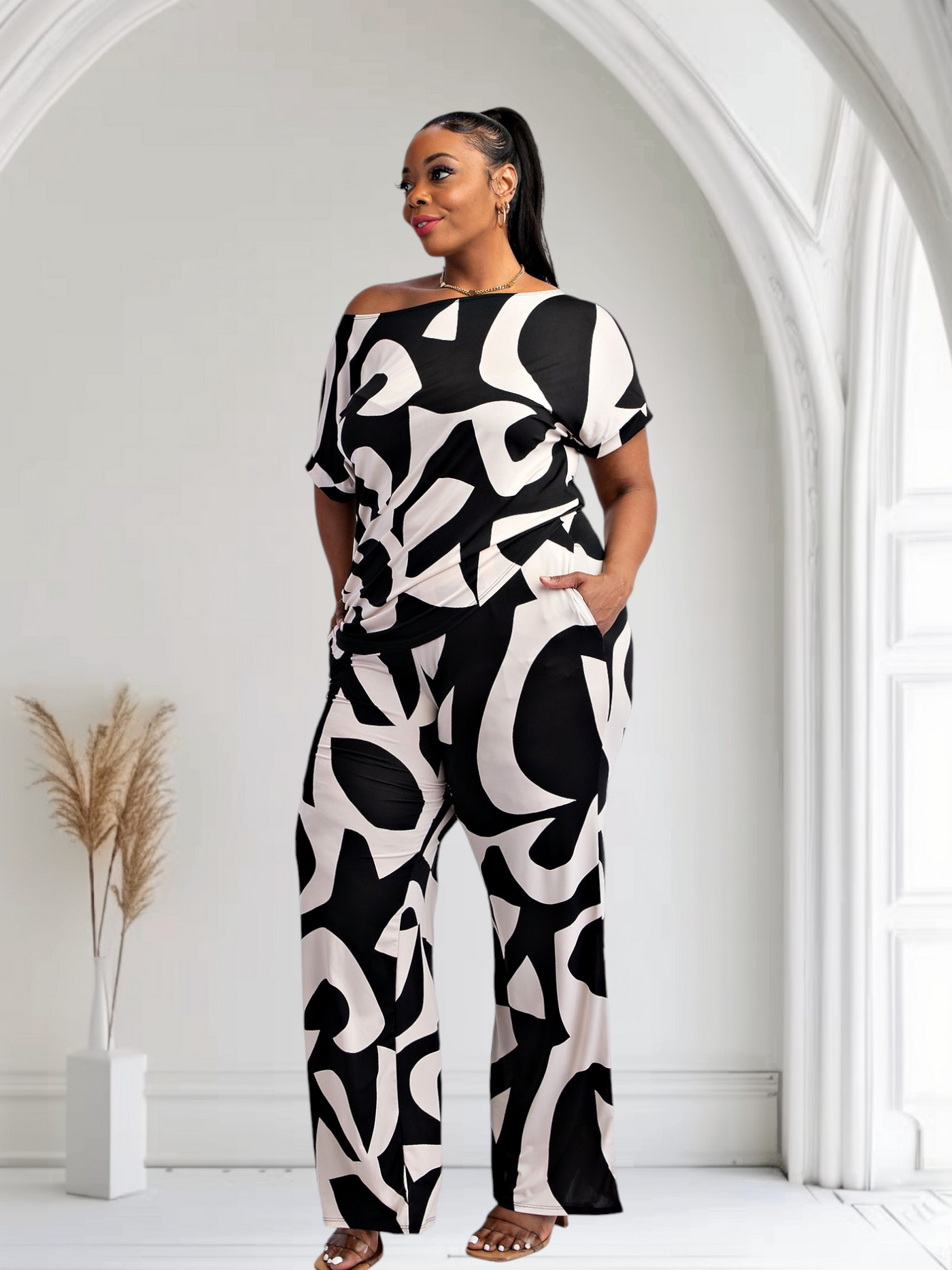 Lori Print Black and White Matching Plus Size Pants Set With Pockets