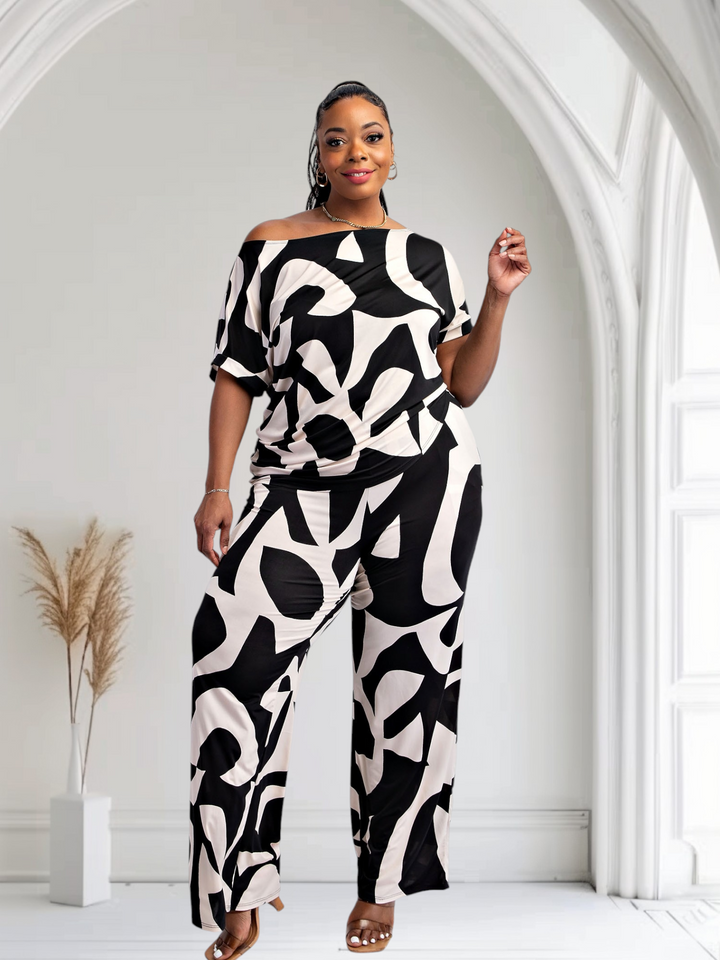 Lori Print Black and White Matching Plus Size Pants Set With Pockets