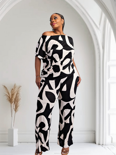 Lori Print Black and White Matching Plus Size Pants Set With Pockets