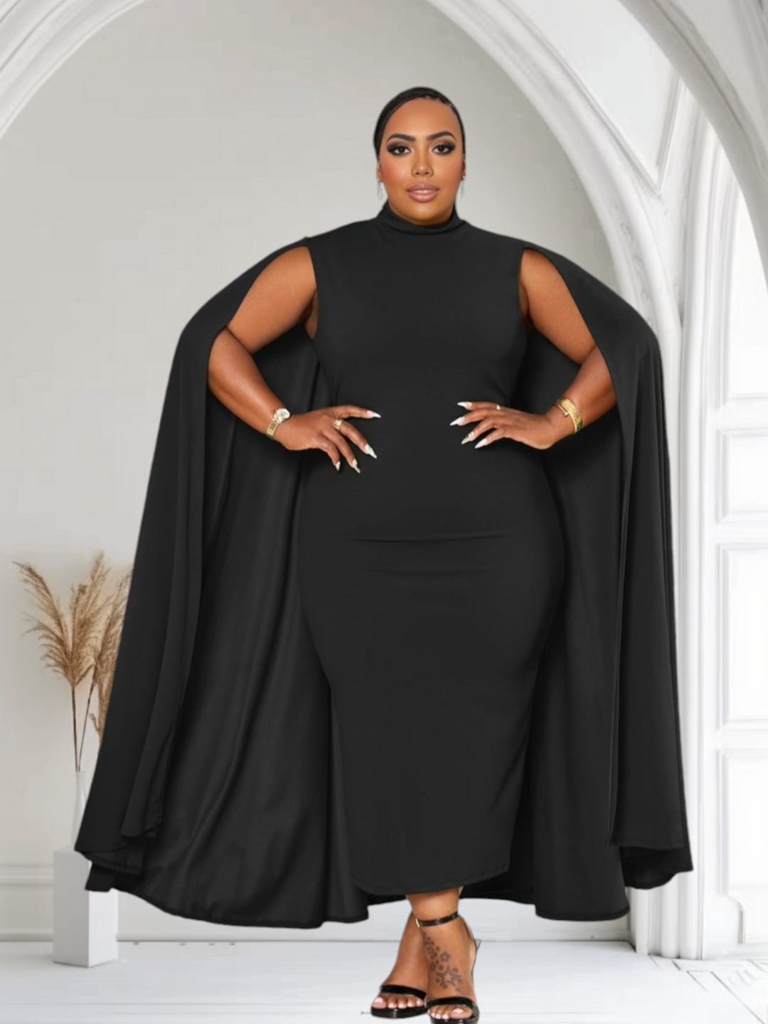 The Stella Cape Plus Size Midi Dress - Black Fasheabe The Stella Cape Plus Size Midi Dress - Black Fasheabe