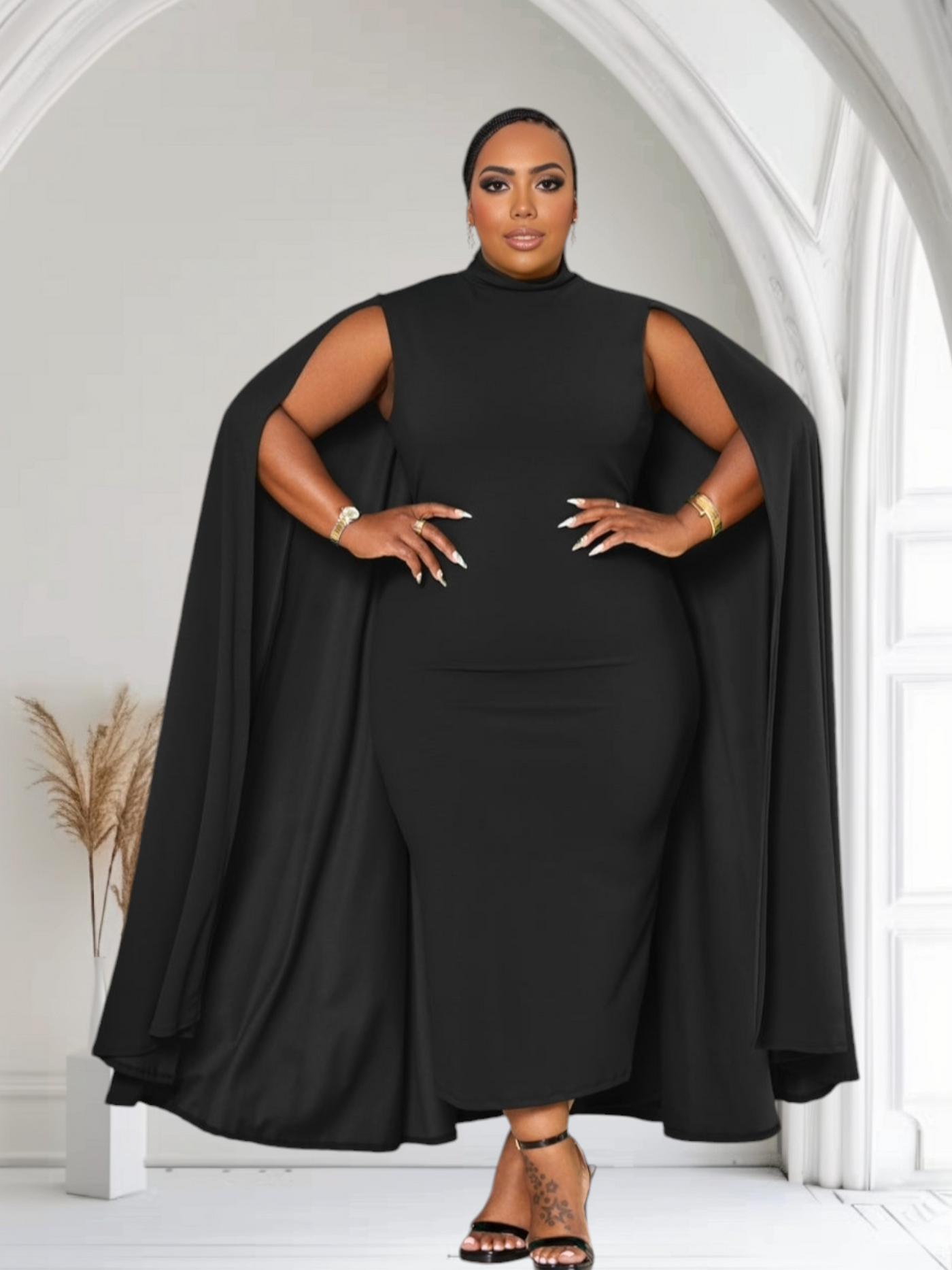 Plus size black dress with cape hotsell