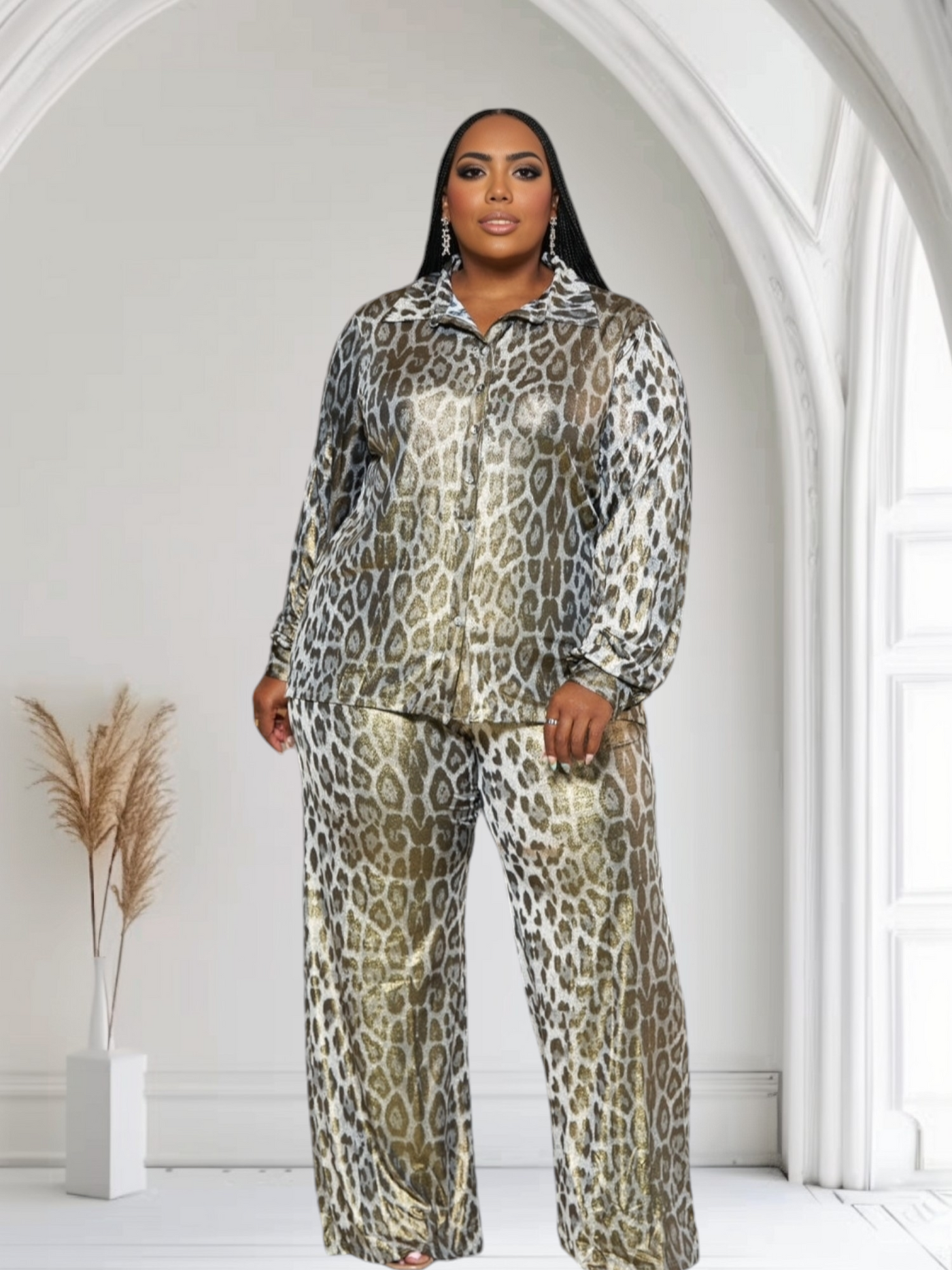 Tough Skin Plus Size Leopard Gold Foil Pants Set