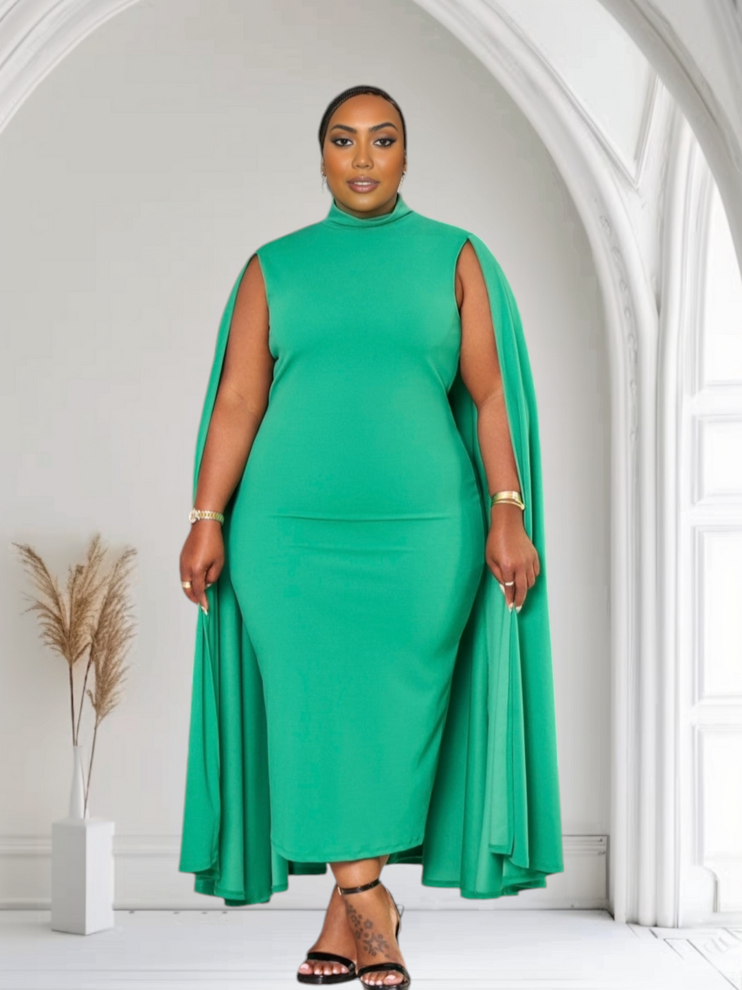 The Stella Cape Plus Size Midi Dress - Green Fasheabe The Stella Cape Plus Size Midi Dress - Green Fasheabe