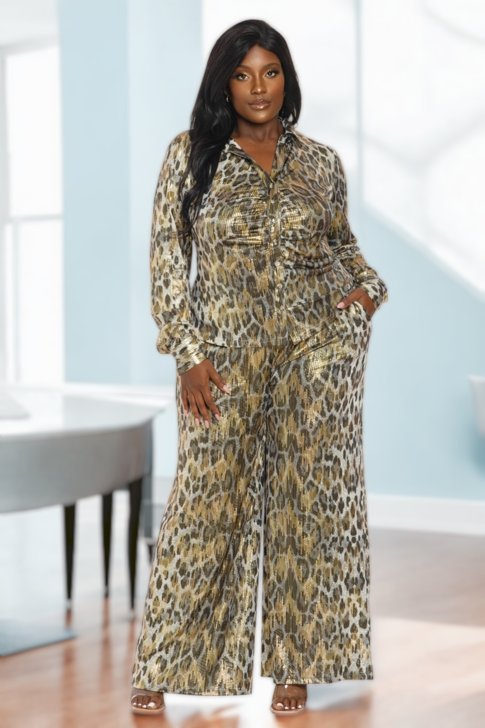 Tough Skin Plus Size Leopard Gold Foil Pants Set