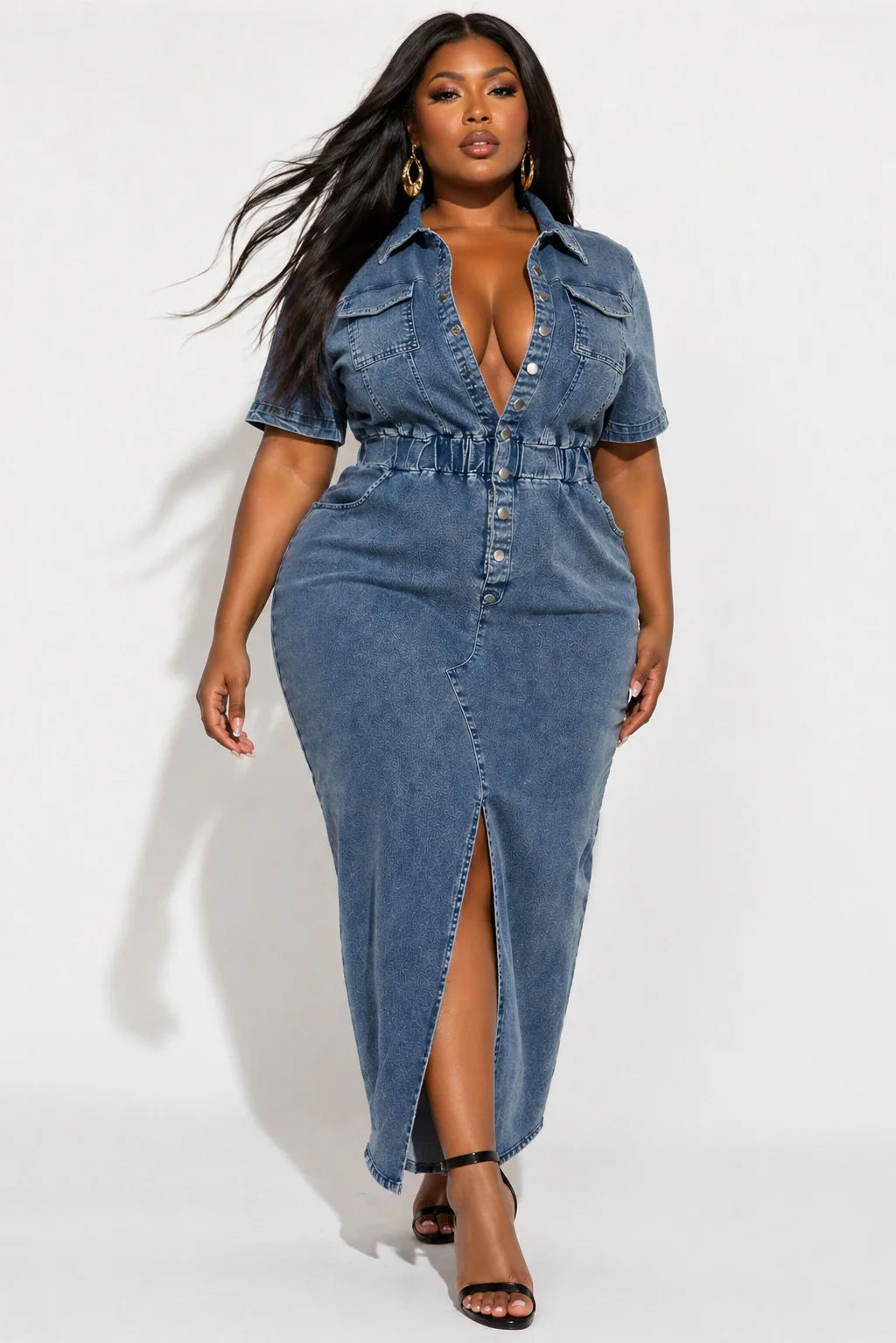 Plus Size Button-Front Stretch Denim Midi Dress with Front Slit &amp; Pockets
