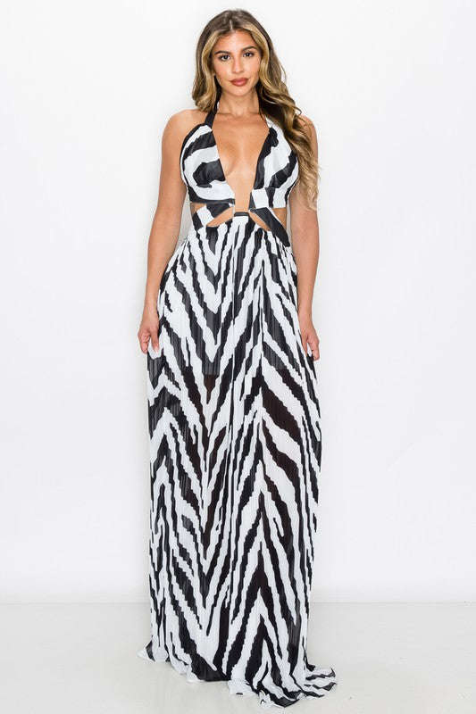 Zebra Print Backless Maxi Dress