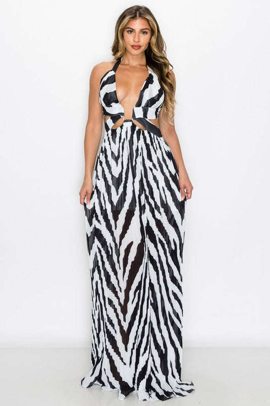 Zebra Print Backless Maxi Dress
