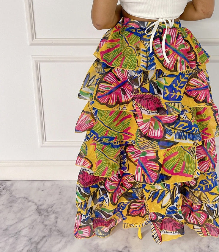 Blissful Views Printed Ruffled High Low Skirt