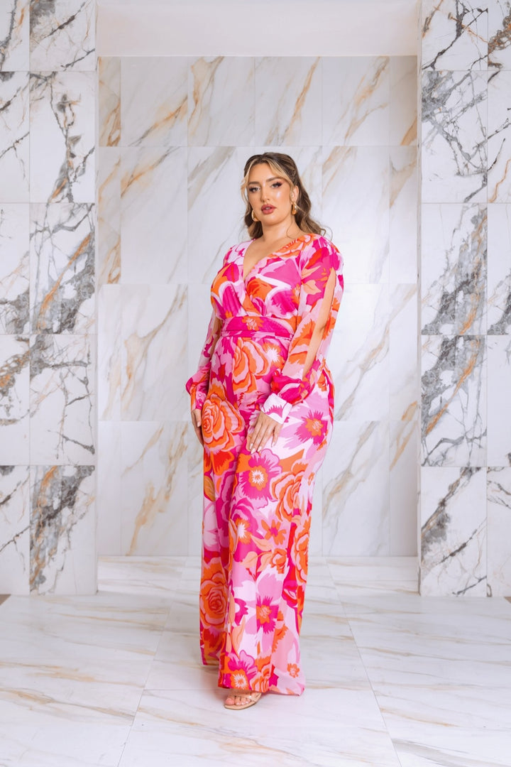 Plus Size Floral Print Jumpsuit with Long Bishop Split Sleeves - Pink